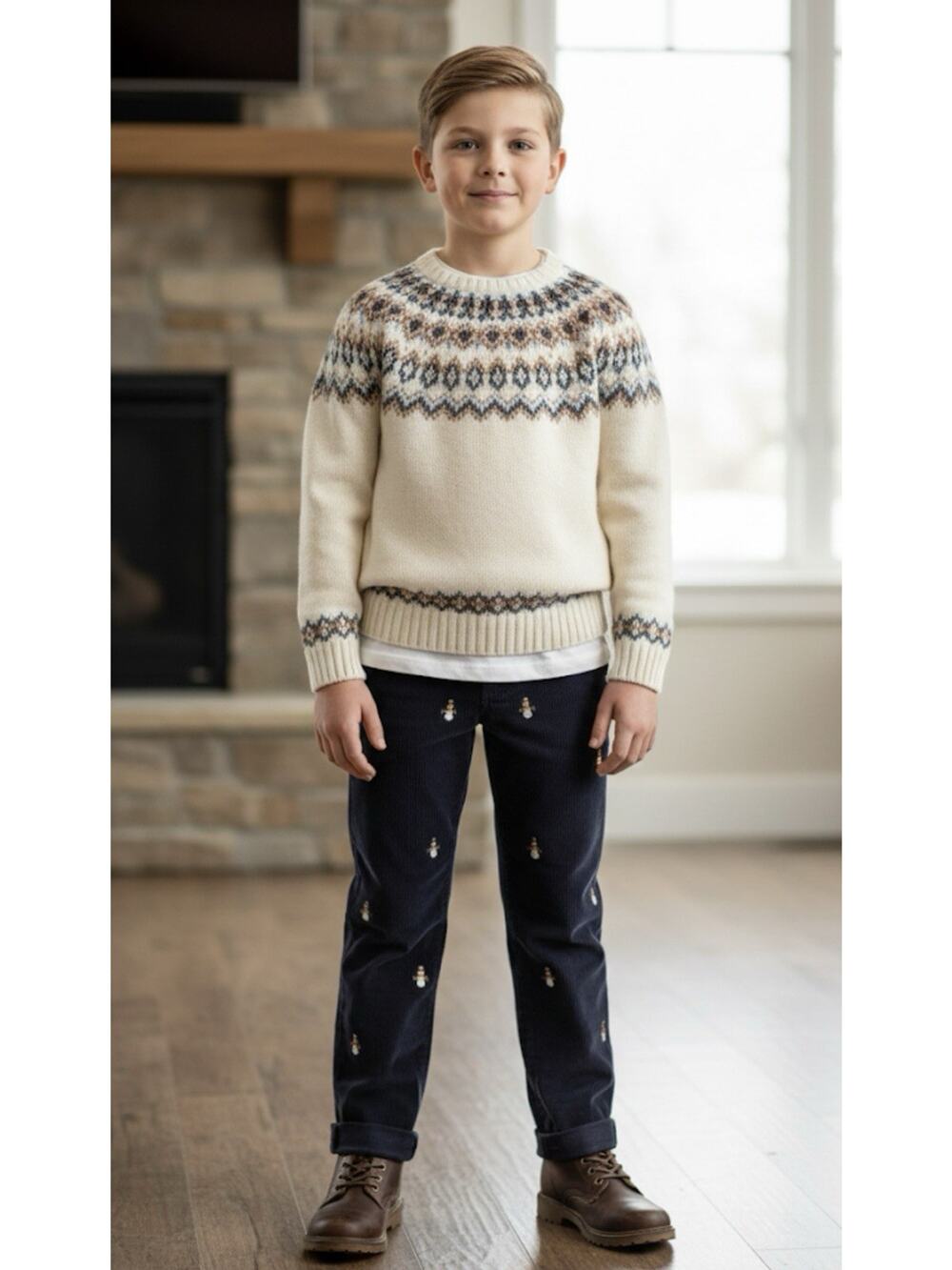 Brooks Brothers Boys Pants Corduroy Embroidered Snowmen Blue Sz 10